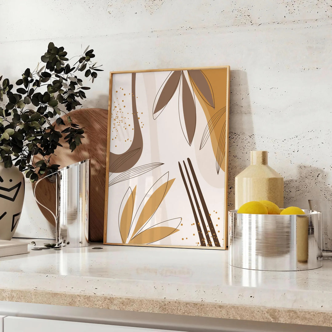Abstract bohemian design with earthy tones and fluid shapes - styled on a counter with eucalyptus and a bowl of lemons