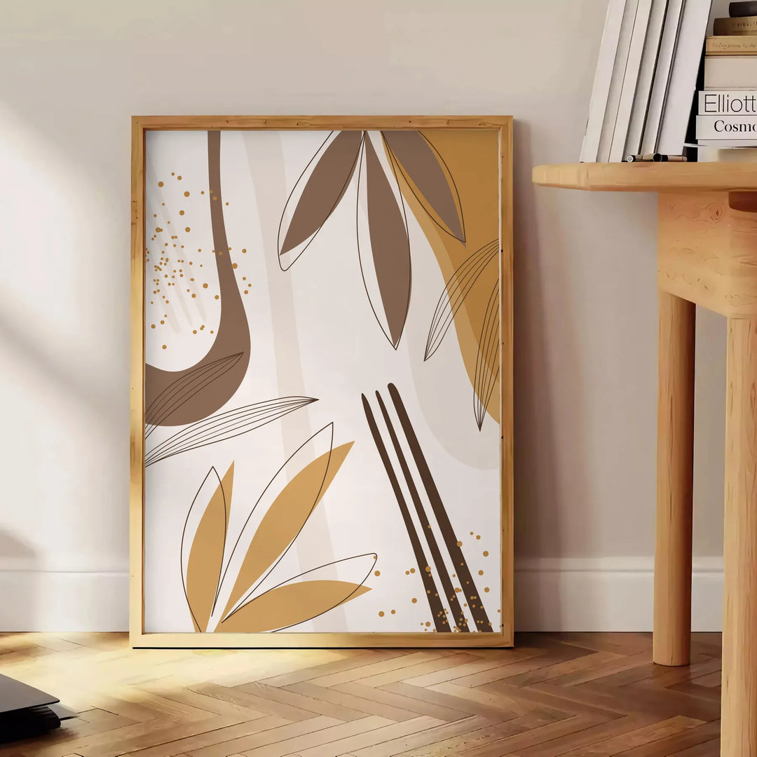 Abstract bohemian design with earthy tones and fluid shapes - beside a round wooden side table with books