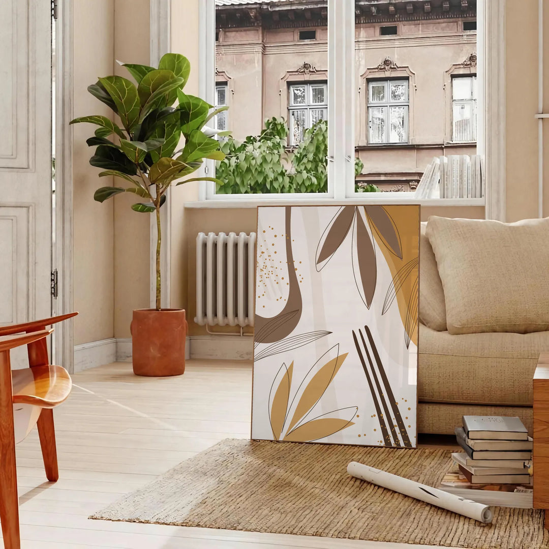 Abstract bohemian design with earthy tones and fluid shapes - in a Parisian living room with a sofa and a fig plant