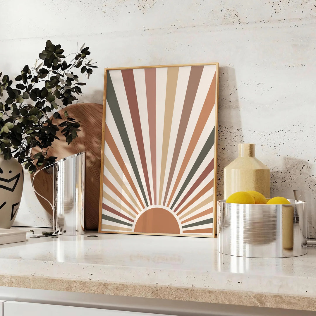 Design abstrato boho com tons terrosos e formas orgânicas - sobre uma bancada com eucalipto e uma taça de limões