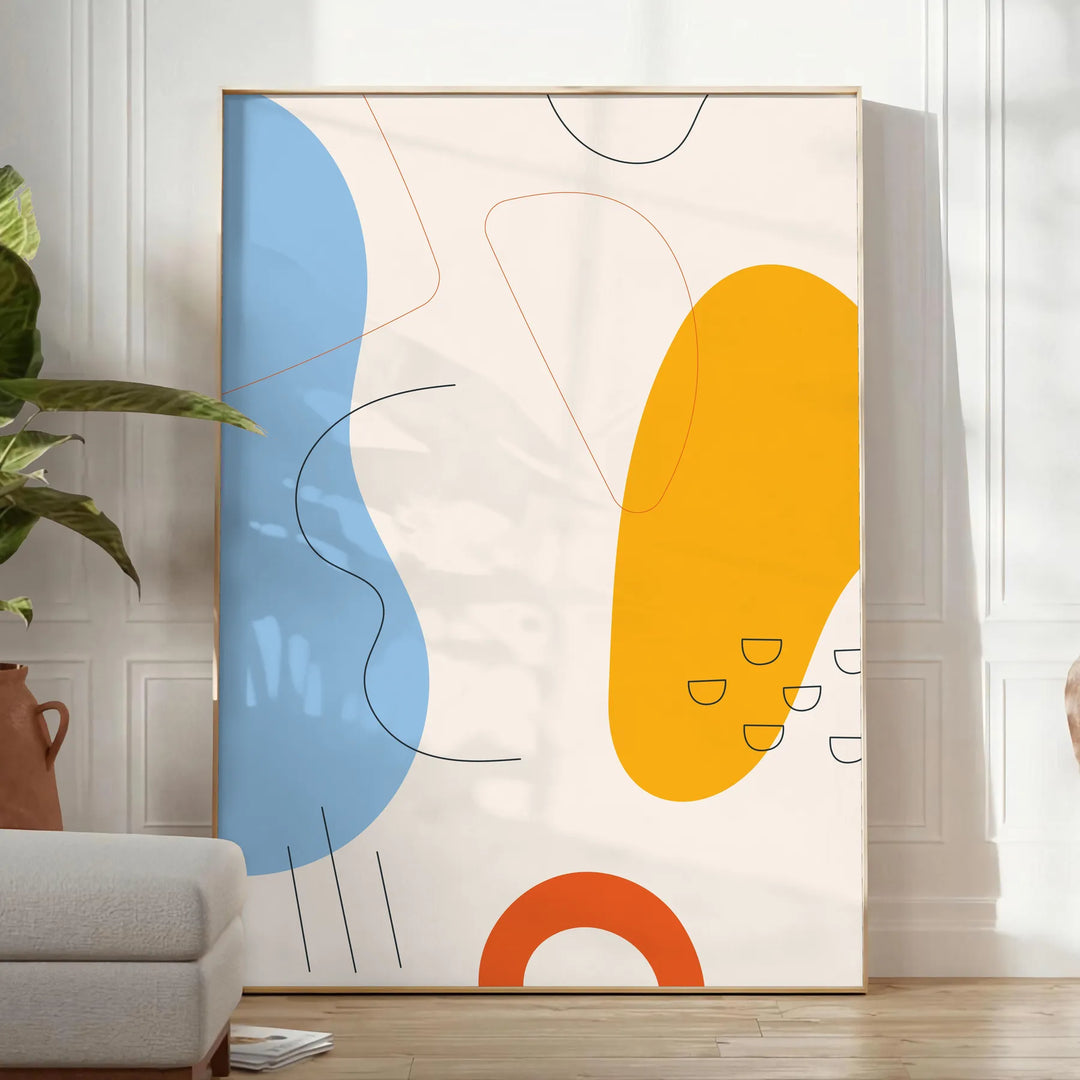 Abstract shapes and patterns in earthy tones with a bohemian style - in a bright minimalist room with a plant and an armchair