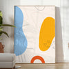 Abstract shapes and patterns in earthy tones with a bohemian style - in a bright minimalist room with a plant and an armchair