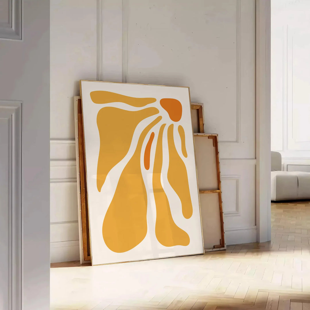 Abstract boho design with earthy tones and flowing shapes - leaning on a herringbone floor against a white panelled wall