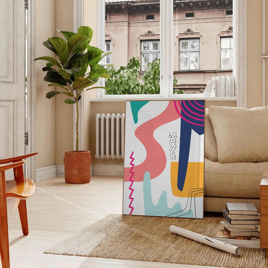 Abstract boho design with swirling shapes in earthy tones - in a Parisian living room with a sofa and a fig plant