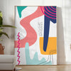 Abstract boho design with swirling shapes in earthy tones - in a bright minimalist room with a plant and an armchair