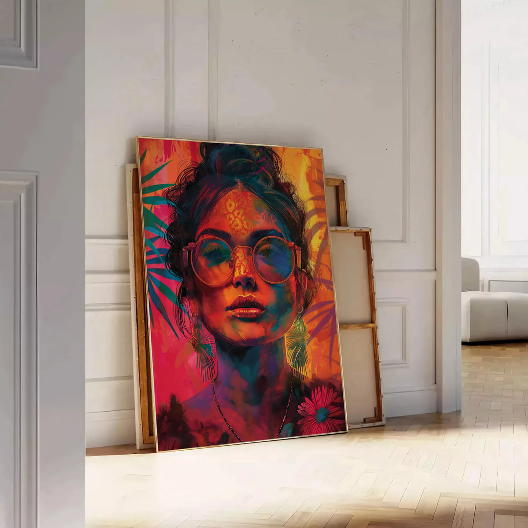 A bohemian-style illustration of women surrounded by celestial elements and earthy tones - leaning on a herringbone floor against a white panelled wall