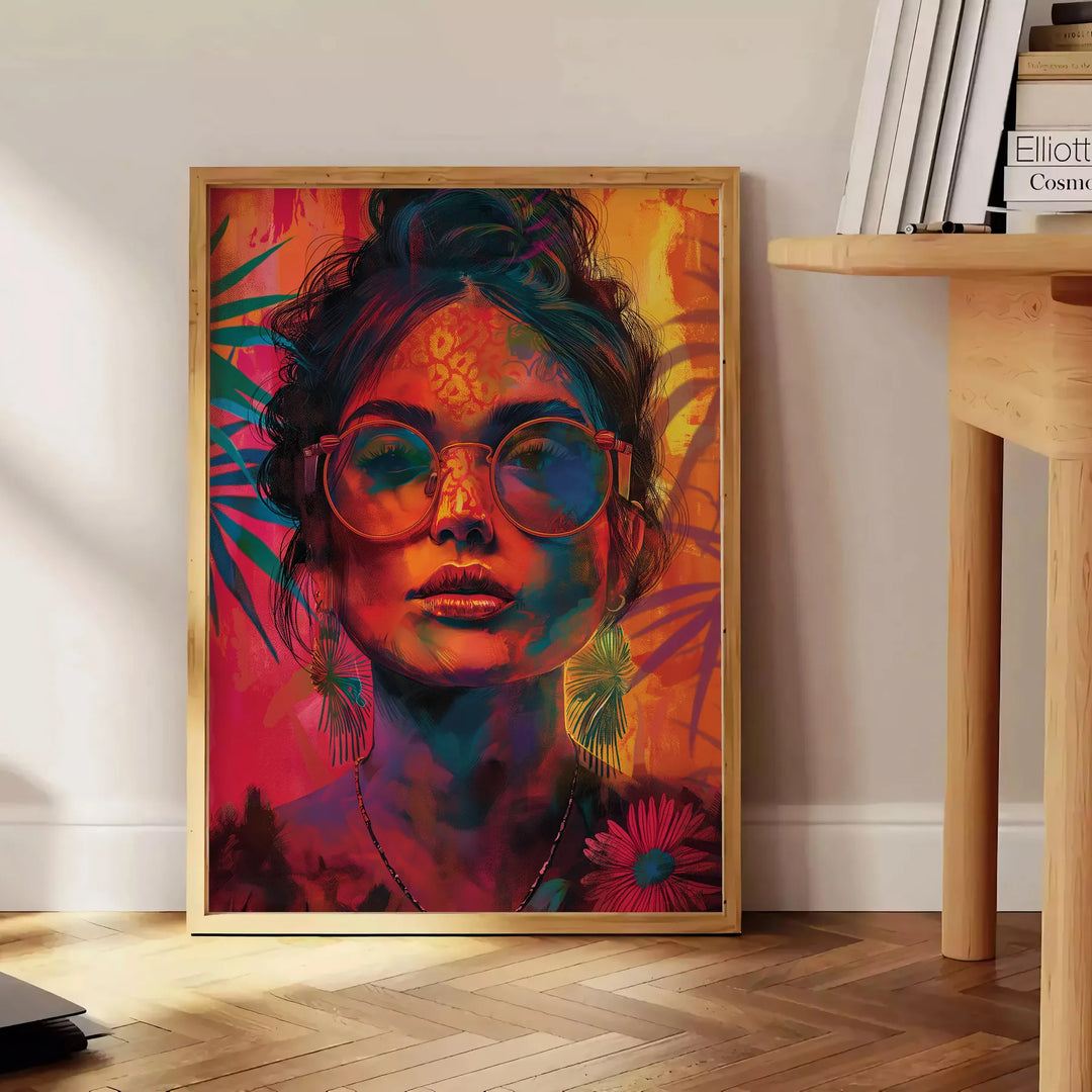 A bohemian-style illustration of women surrounded by celestial elements and earthy tones - beside a round wooden side table with books