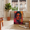 A bohemian-style illustration of women surrounded by celestial elements and earthy tones - in a Parisian living room with a sofa and a fig plant