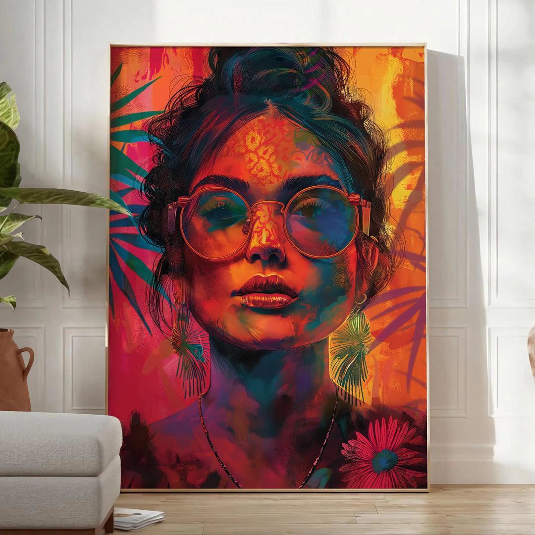 A bohemian-style illustration of women surrounded by celestial elements and earthy tones - in a bright minimalist room with a plant and an armchair