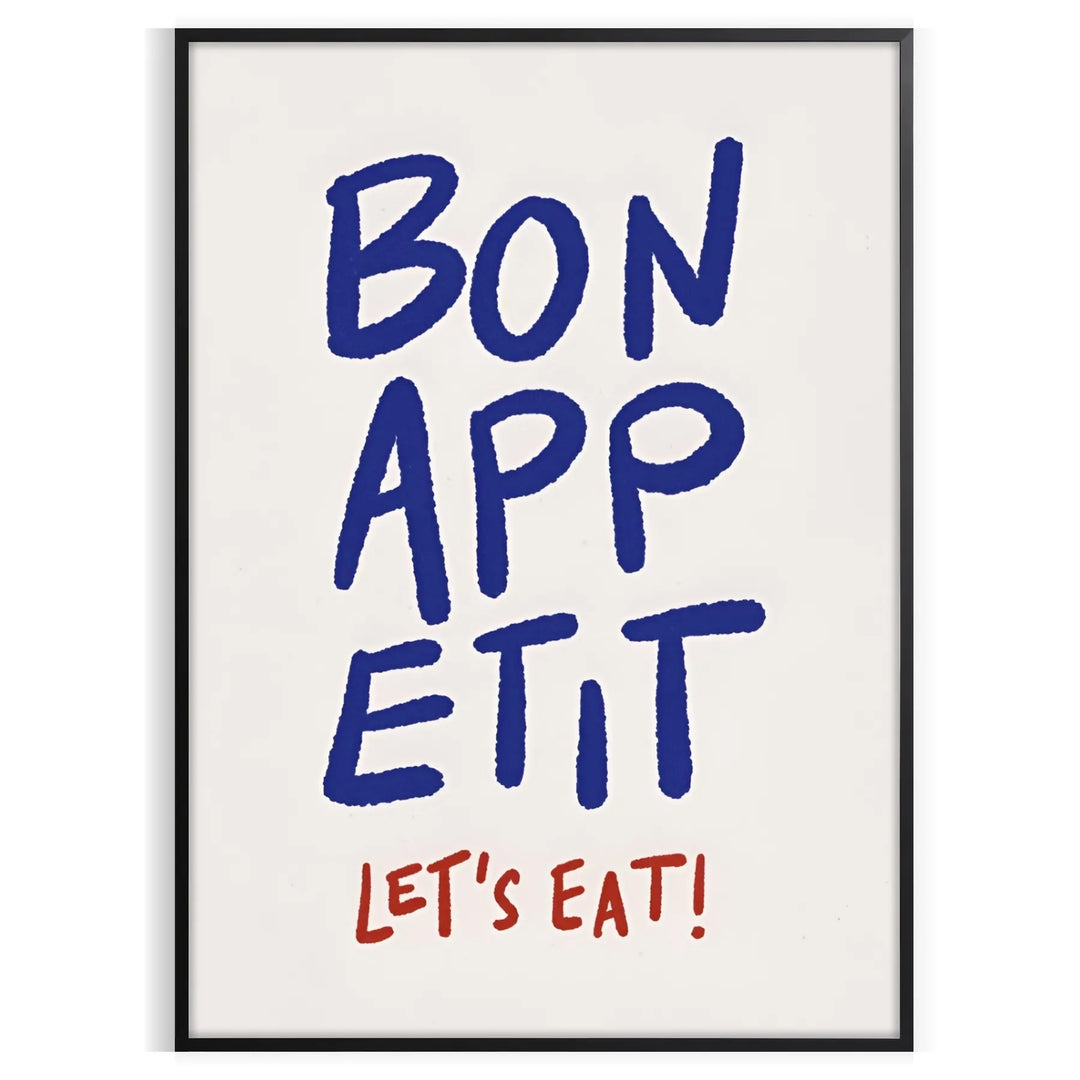 Kitchen scene with 'Bon Appetit' text in blue and gray tones