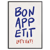 Kitchen scene with 'Bon Appetit' text in blue and gray tones - in a black frame
