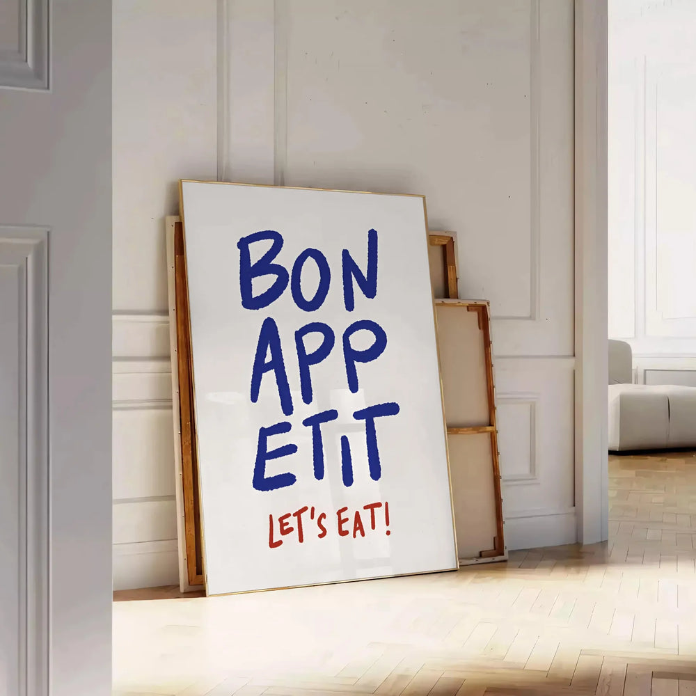 Kitchen scene with 'Bon Appetit' text in blue and gray tones