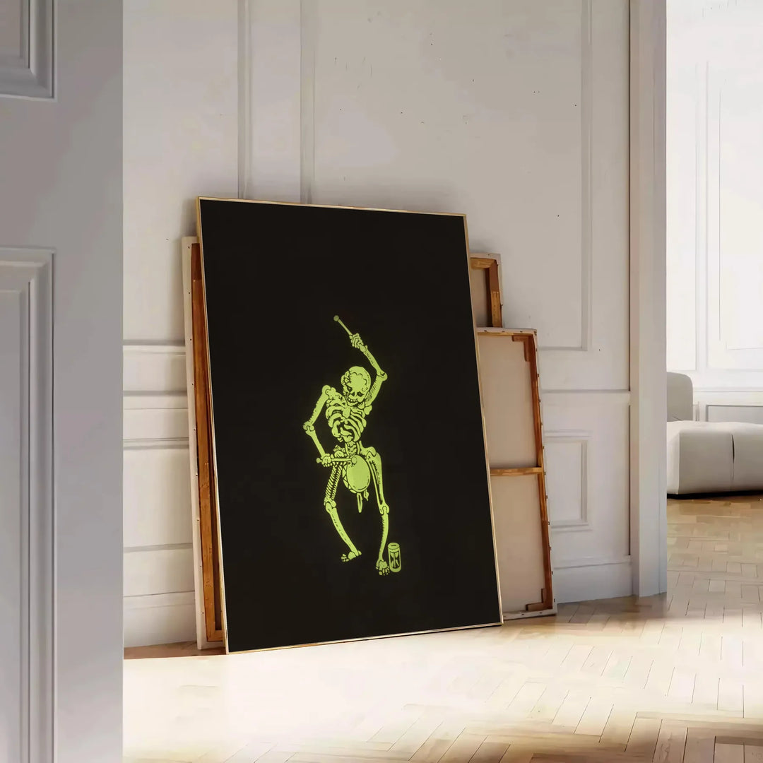 Abstract design featuring bones in black and green hues - leaning on a herringbone floor against a white panelled wall
