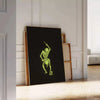 Abstract design featuring bones in black and green hues - leaning on a herringbone floor against a white panelled wall