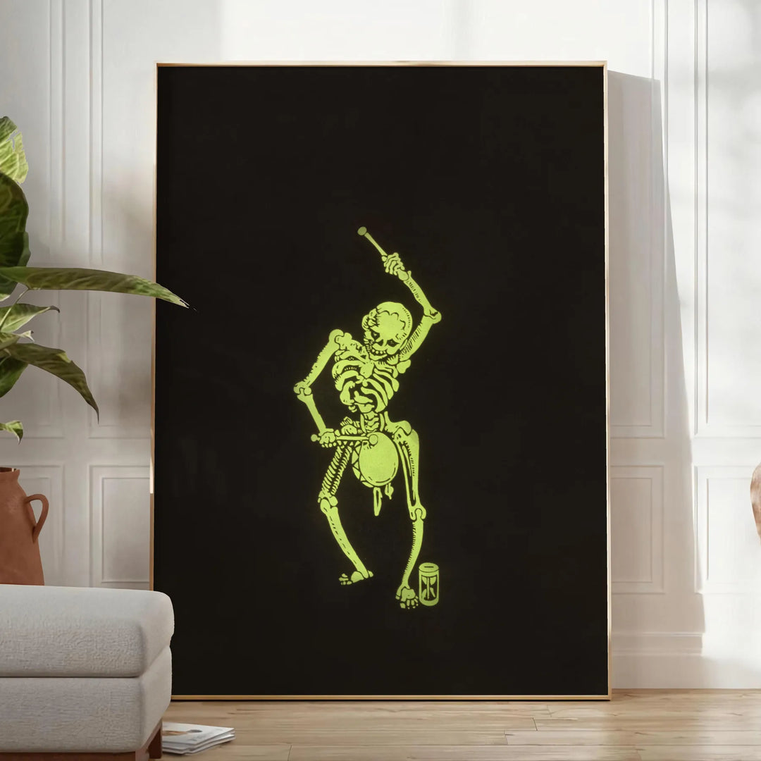 Abstract design featuring bones in black and green hues - in a bright minimalist room with a plant and an armchair