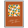 Vintage botanical illustration featuring various green plants and orange flowers - in a black frame