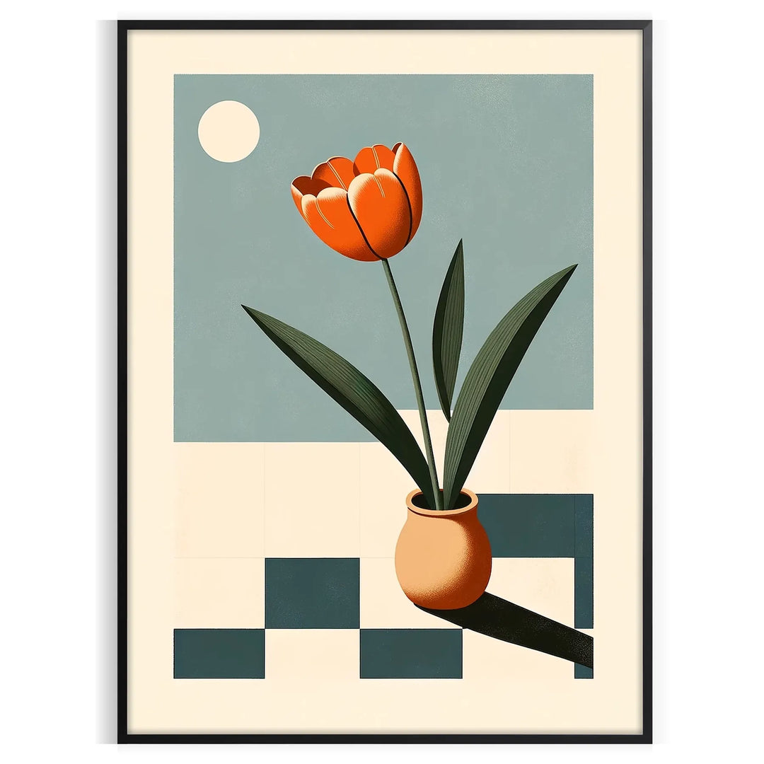 A botanical illustration featuring orange and green flowers against a light background
