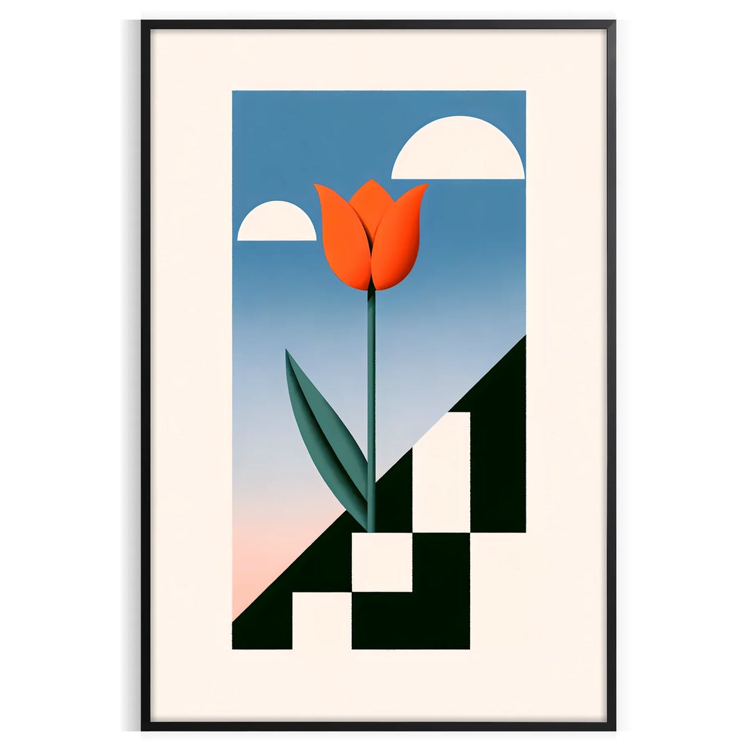Botanical illustration of flowers in orange and blue tones
