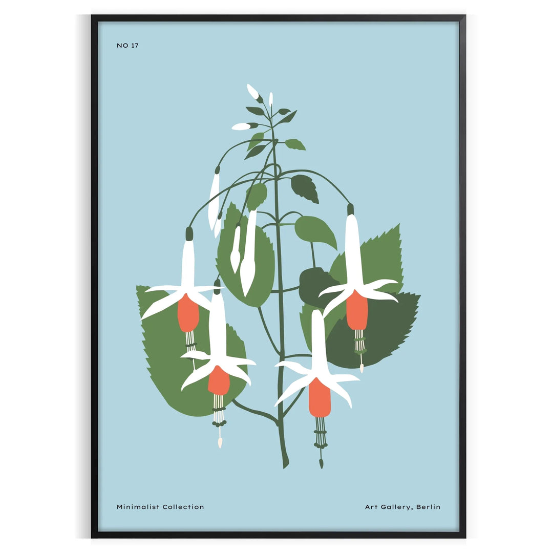 Botanical illustration featuring various green plants on a soft blue-gray background