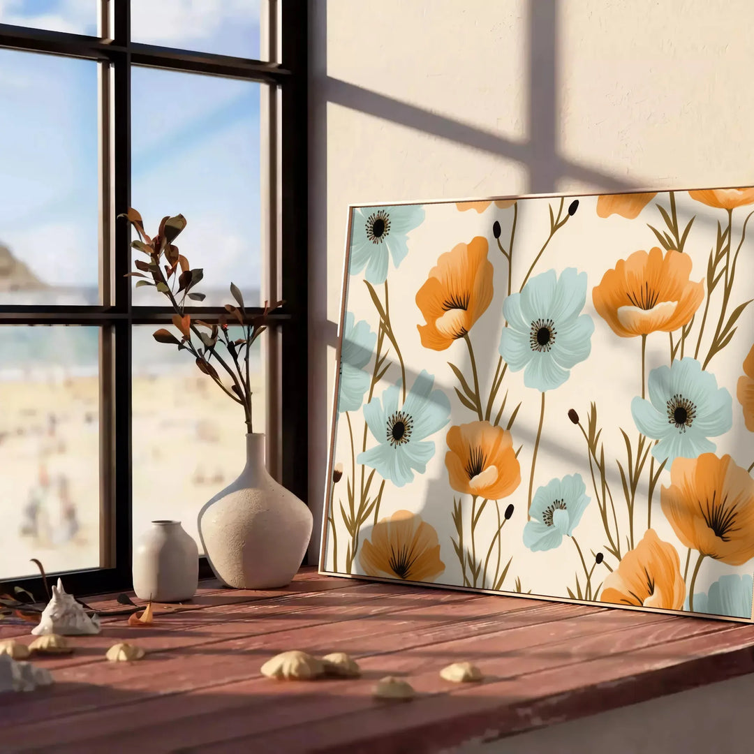 Vintage botanical illustration featuring green leaves and orange flowers - leaning on a herringbone floor against a white panelled wall