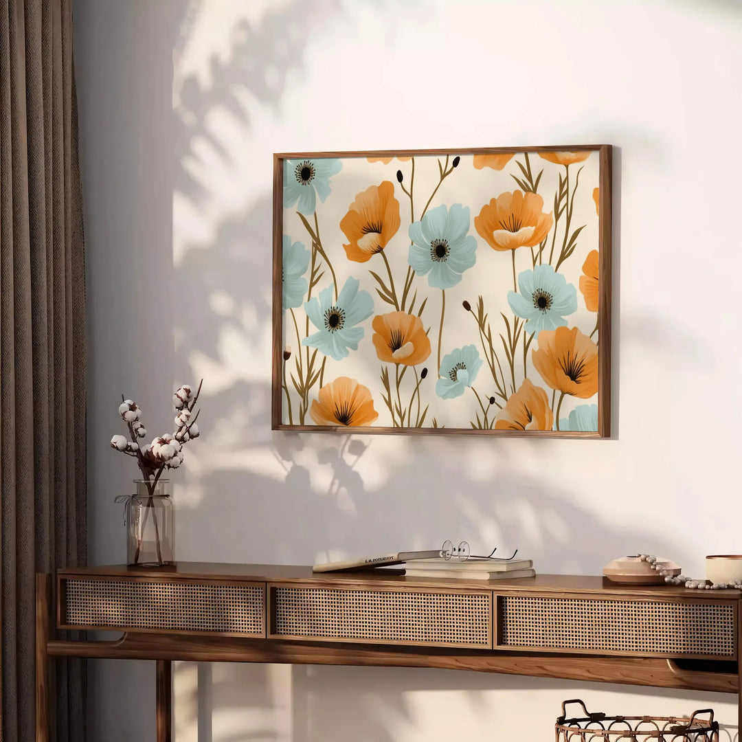 Vintage botanical illustration featuring green leaves and orange flowers - styled on a counter with eucalyptus and a bowl of lemons