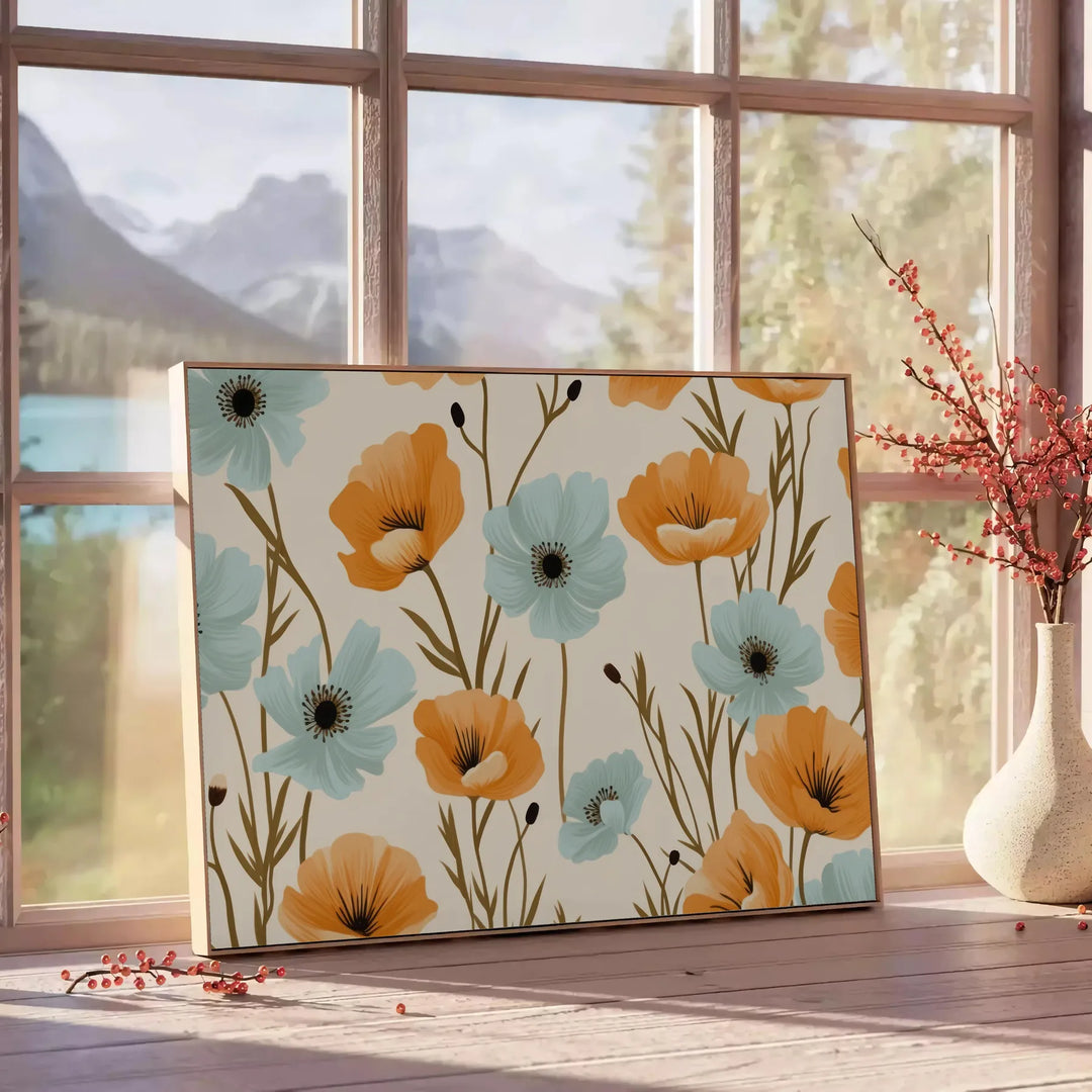 Vintage botanical illustration featuring green leaves and orange flowers - beside a round wooden side table with books