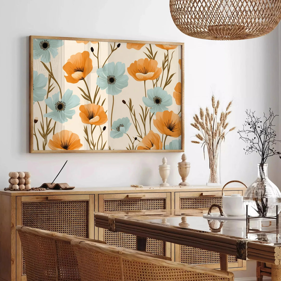 Vintage botanical illustration featuring green leaves and orange flowers - in a Parisian living room with a sofa and a fig plant