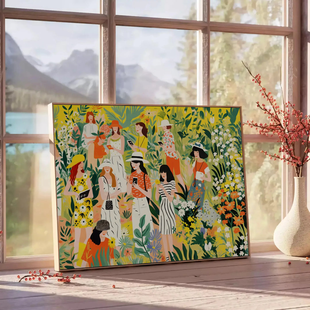 Ilustración botánica con hojas verdes y flores naranjas sobre un fondo claro - junto a una mesa auxiliar redonda de madera con libros