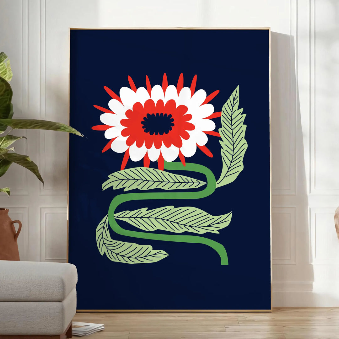 Ilustración botánica vintage con hojas verdes sobre fondo negro - en una habitación luminosa y minimalista con planta y sillón