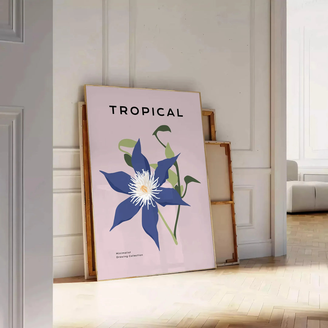Illustrazione botanica con piante arancioni e grigie su uno sfondo testurizzato - appoggiato su un pavimento a spina di pesce contro una parete a pannelli