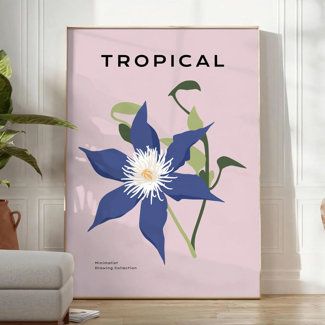 Illustrazione botanica con piante arancioni e grigie su uno sfondo testurizzato - in una stanza luminosa e minimalista con pianta e poltrona