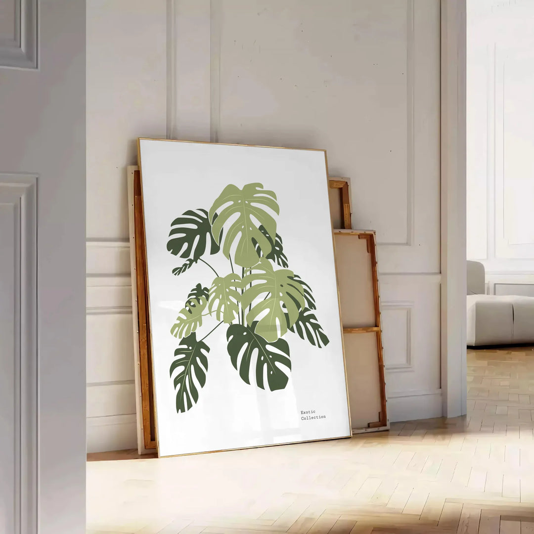Uma ilustração botânica detalhada com folhas verdes exuberantes em fundo branco - encostado num chão de espinha contra uma parede de painéis