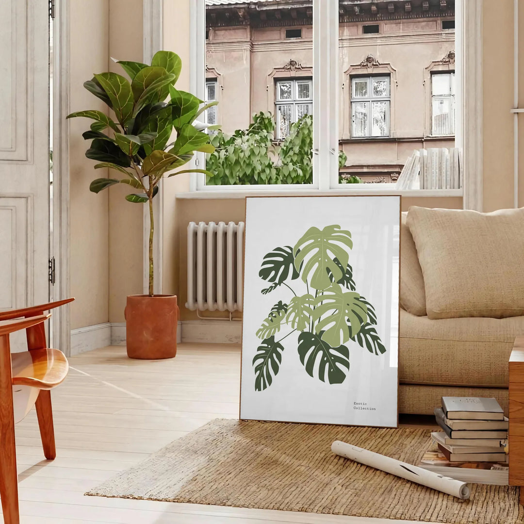 Uma ilustração botânica detalhada com folhas verdes exuberantes em fundo branco - numa sala parisiense com sofá e um ficus
