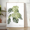 Uma ilustração botânica detalhada com folhas verdes exuberantes em fundo branco - num quarto luminoso e minimalista com planta e poltrona