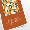 Vintage botanical illustration featuring various green plants and orange flowers