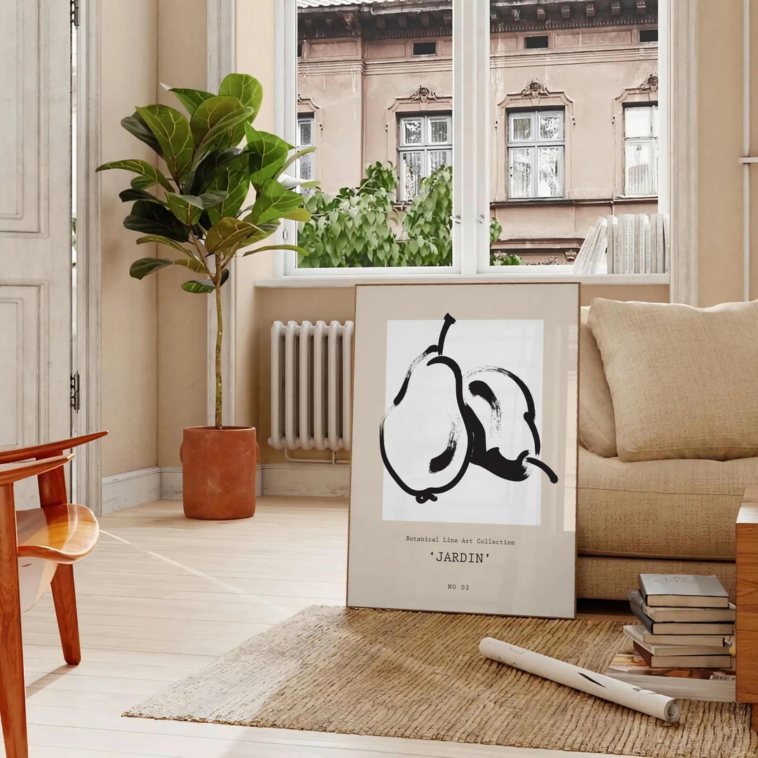 Vintage botanical illustration featuring orange and black plants on a textured background - in a Parisian living room with a sofa and a fig plant