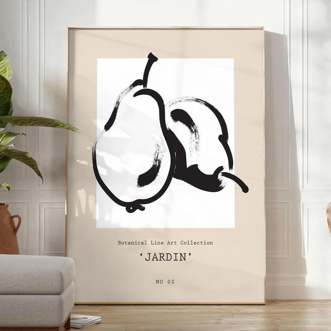 Vintage botanical illustration featuring orange and black plants on a textured background - in a bright minimalist room with a plant and an armchair