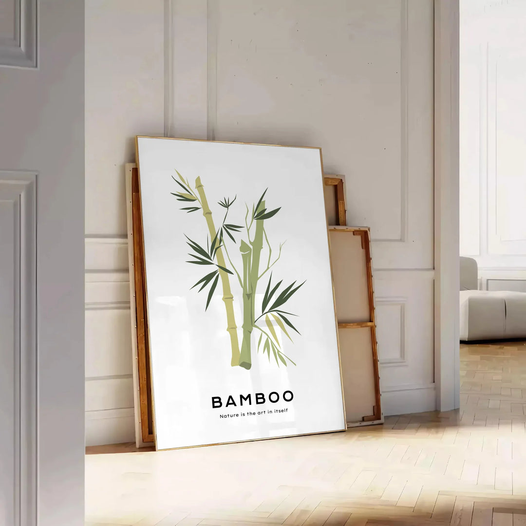 Ilustración botánica vintage con hojas verdes y flores delicadas - apoyado en un suelo de espiga contra una pared de molduras