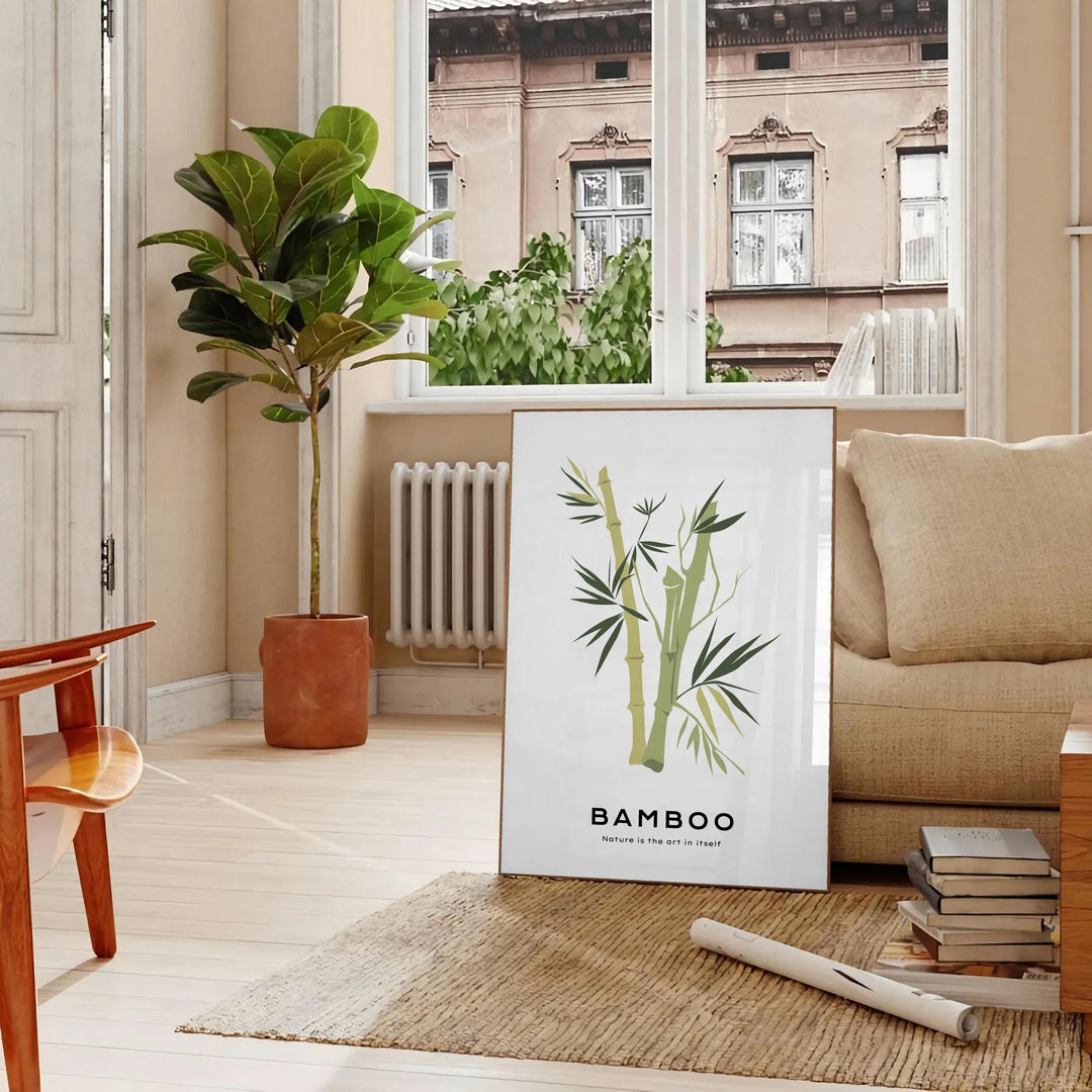 Ilustración botánica vintage con hojas verdes y flores delicadas - en un salón parisino con sofá y un ficus