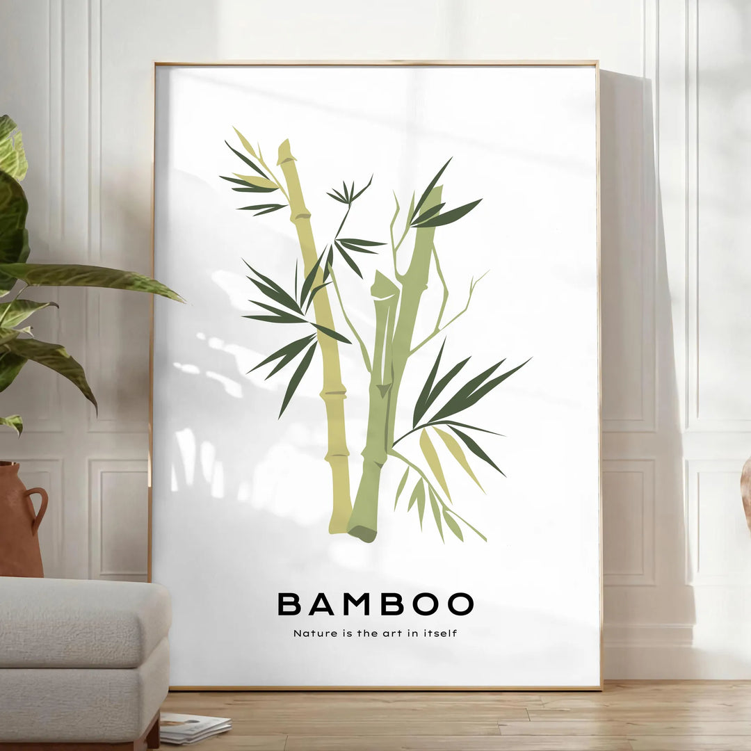 Ilustración botánica vintage con hojas verdes y flores delicadas - en una habitación luminosa y minimalista con planta y sillón