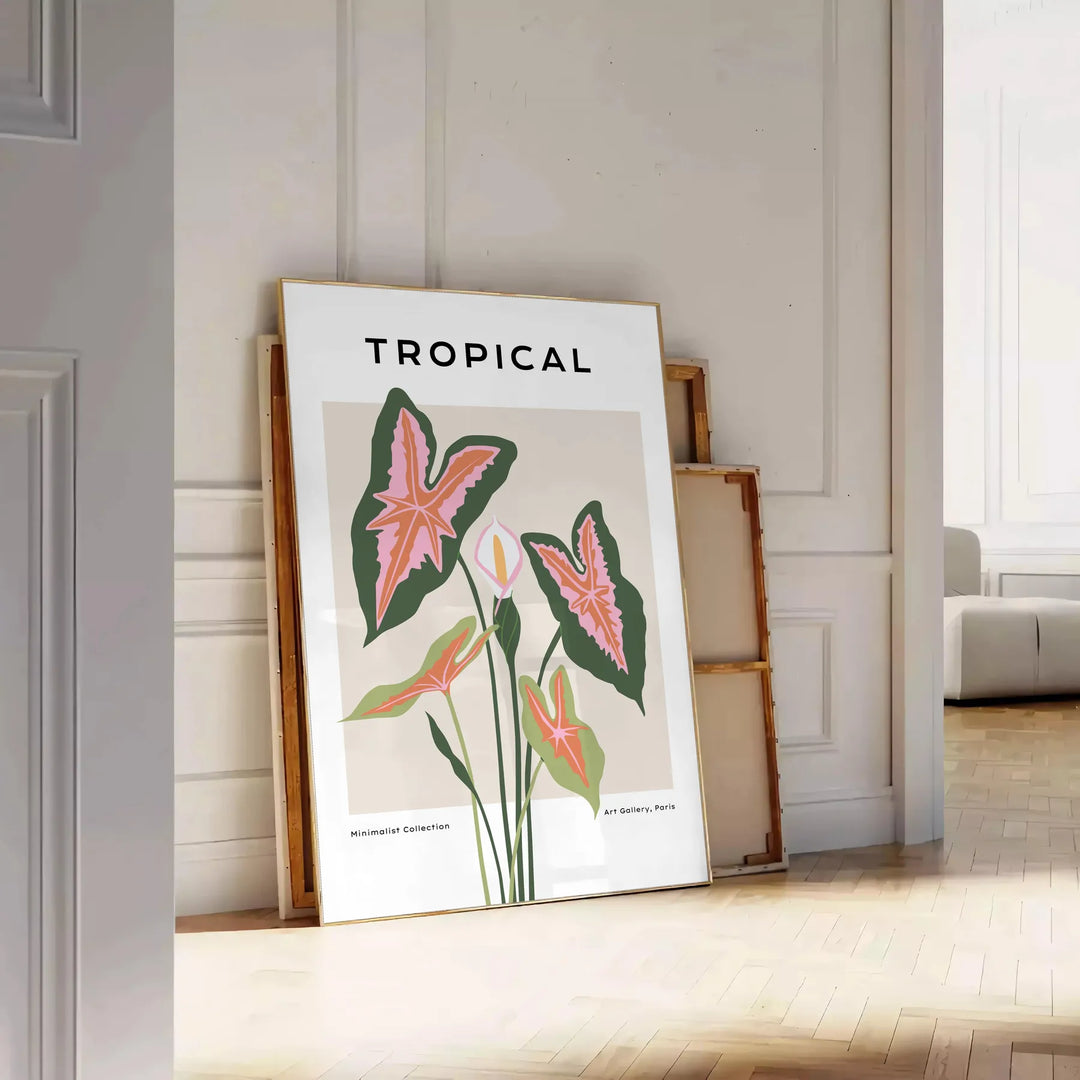Botanical art print featuring orange and gray foliage in a modern style - leaning on a herringbone floor against a white panelled wall