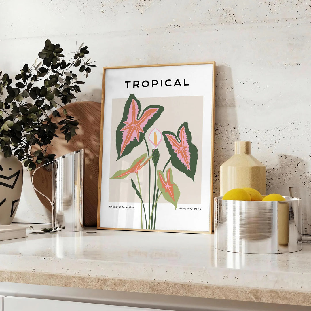 Botanical art print featuring orange and gray foliage in a modern style - styled on a counter with eucalyptus and a bowl of lemons