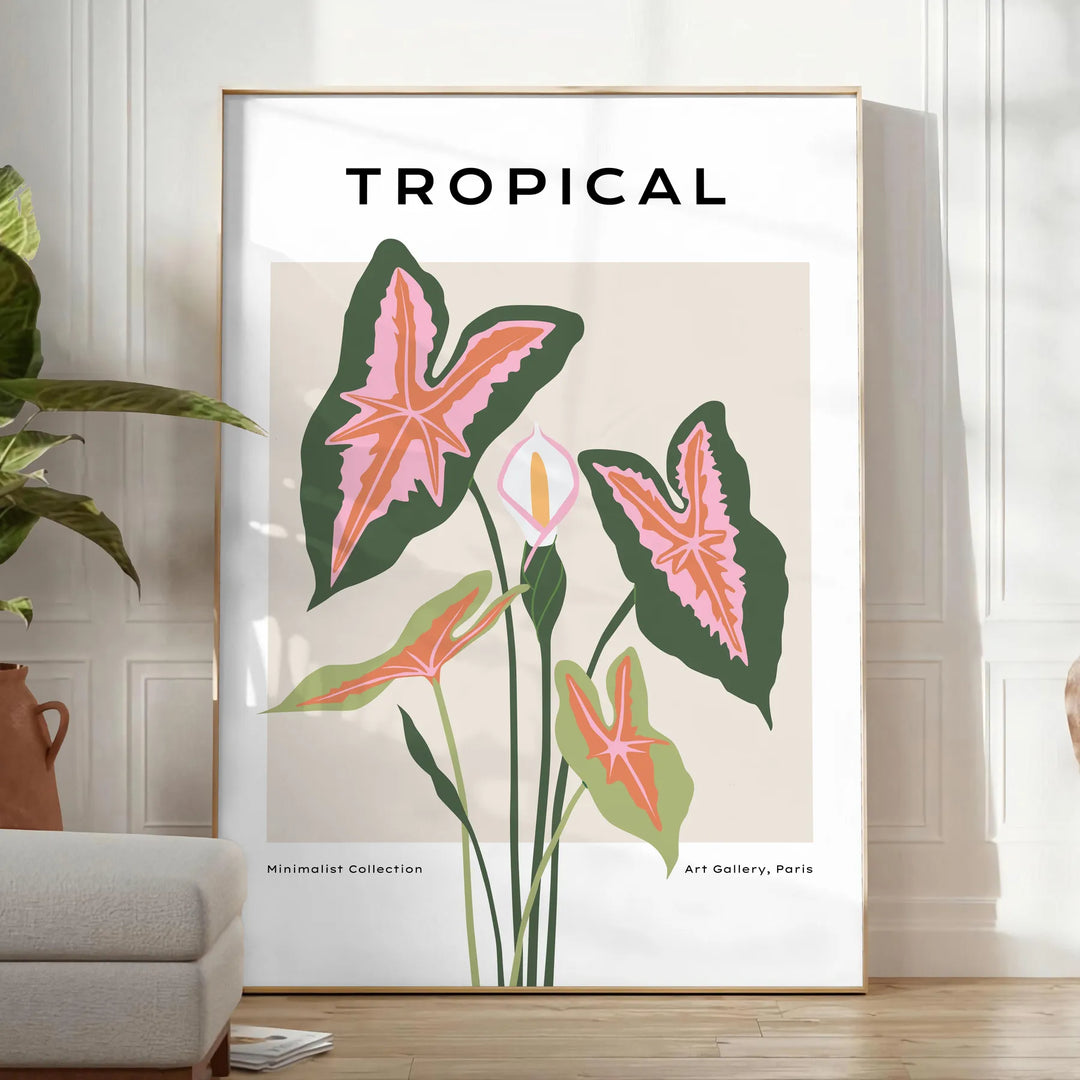 Botanical art print featuring orange and gray foliage in a modern style - in a bright minimalist room with a plant and an armchair