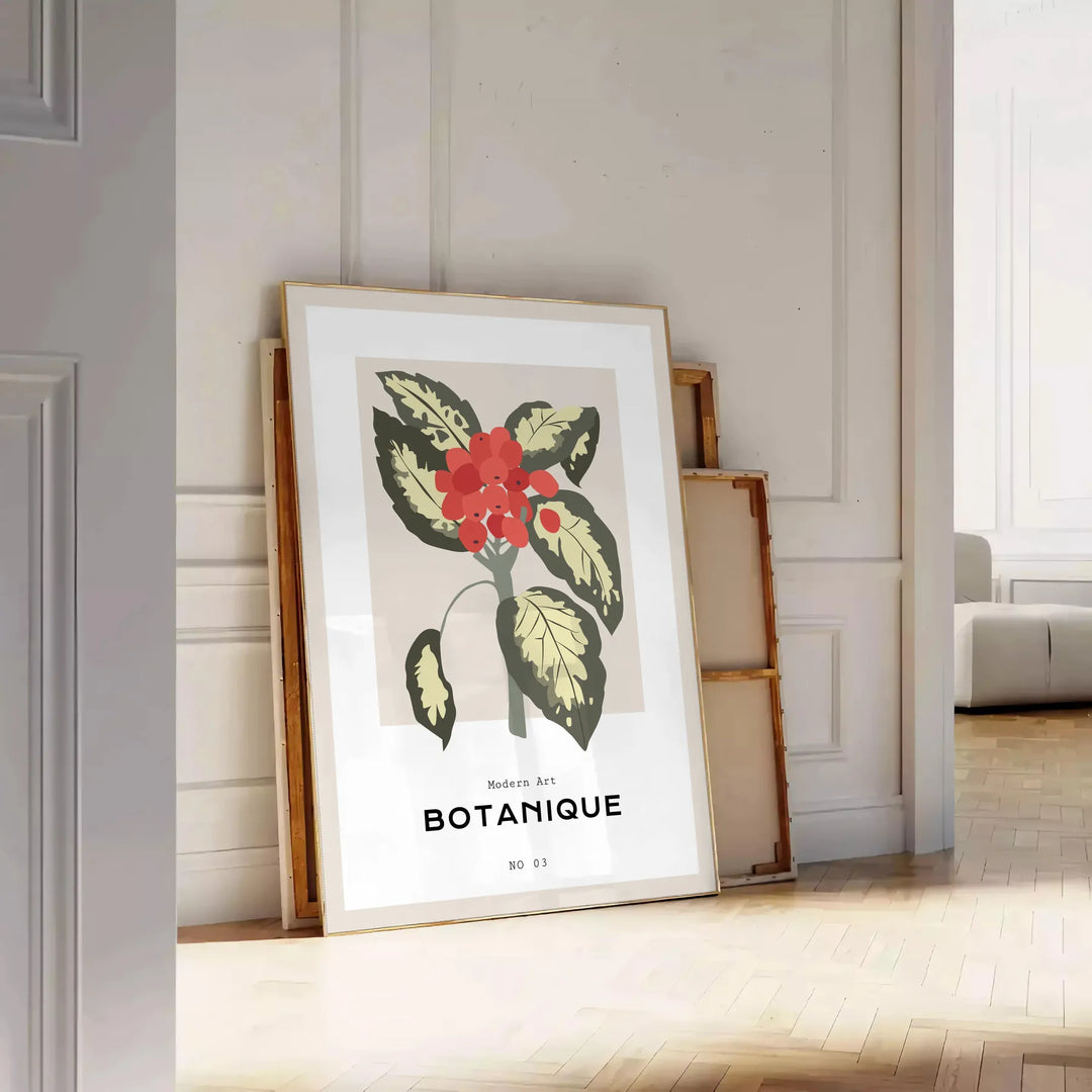 19世紀の植物画、灰色の背景にオレンジの花が描かれている - ヘリンボーンの床に立てかけ、白いパネル壁を背景に