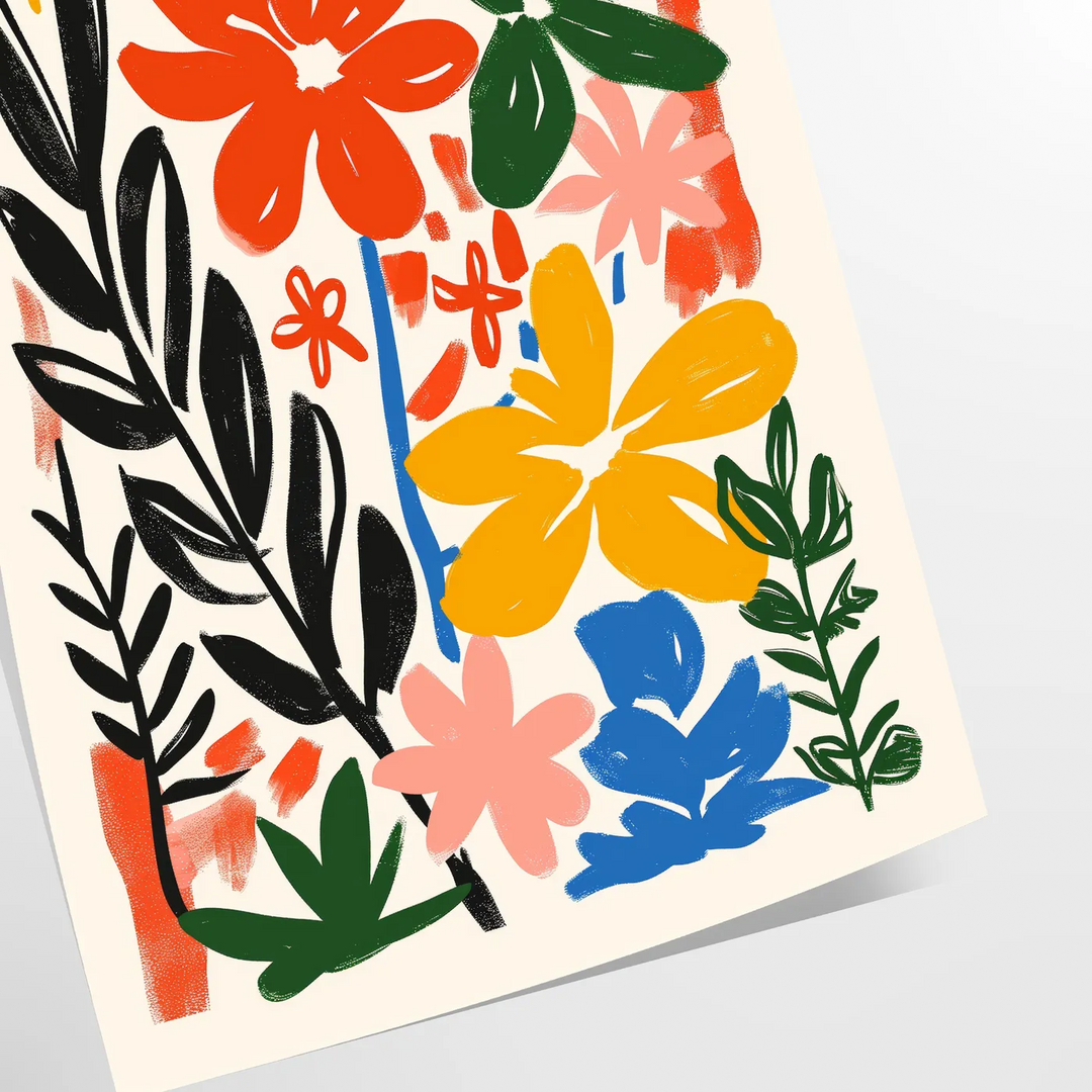 Botanische Illustration mit üppigem grünem Laub und warmen orangefarbenen Akzenten