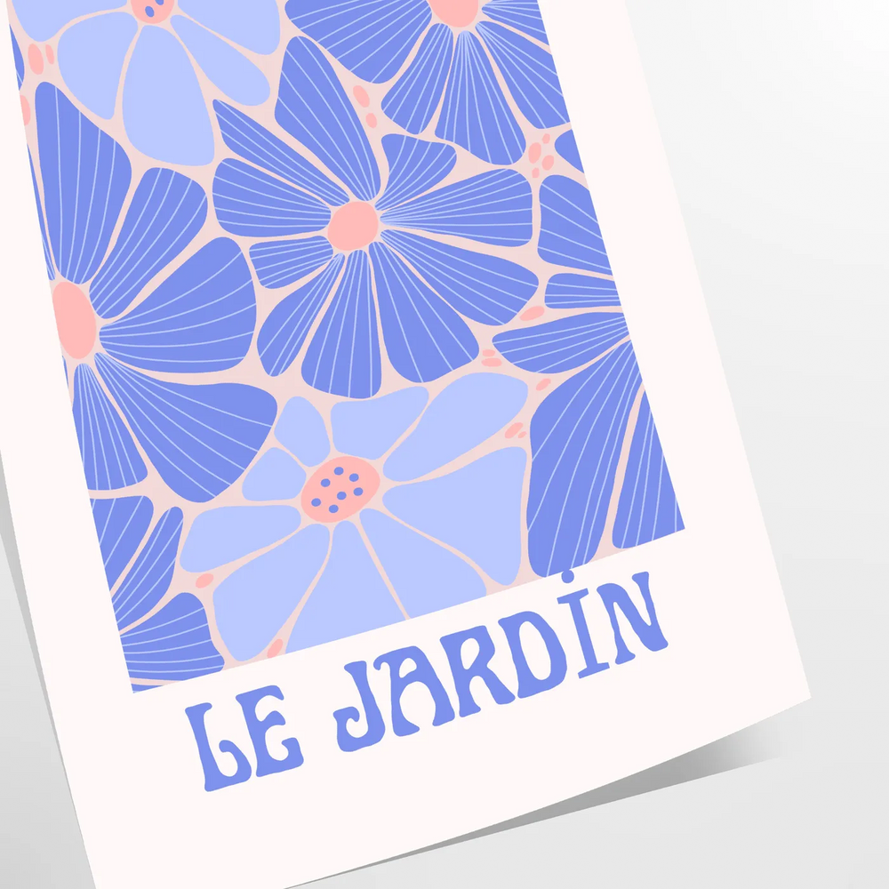 Vintage botanical illustration featuring blue and white flowers on a textured background