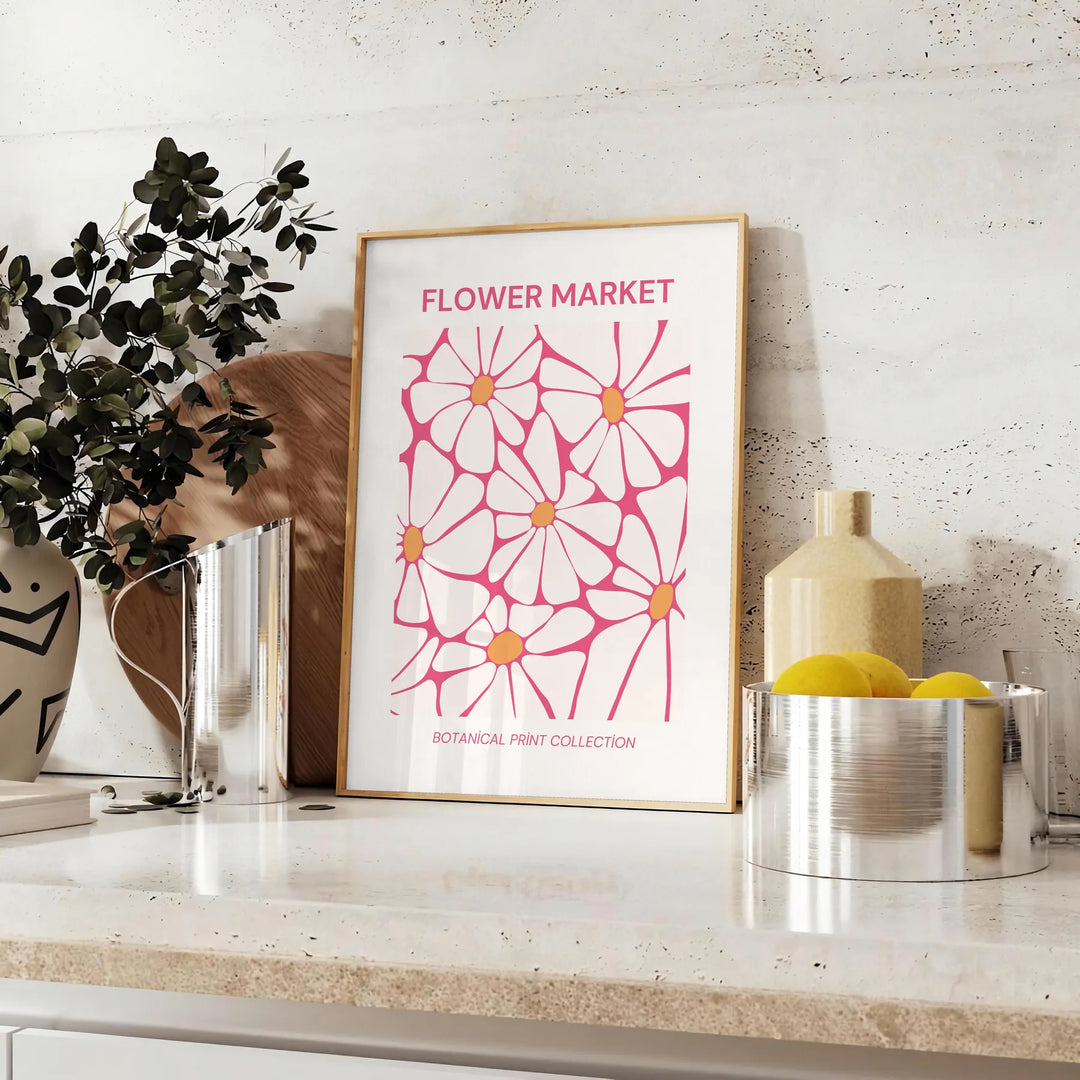 Botanical illustration featuring green leaves and yellow flowers - styled on a counter with eucalyptus and a bowl of lemons