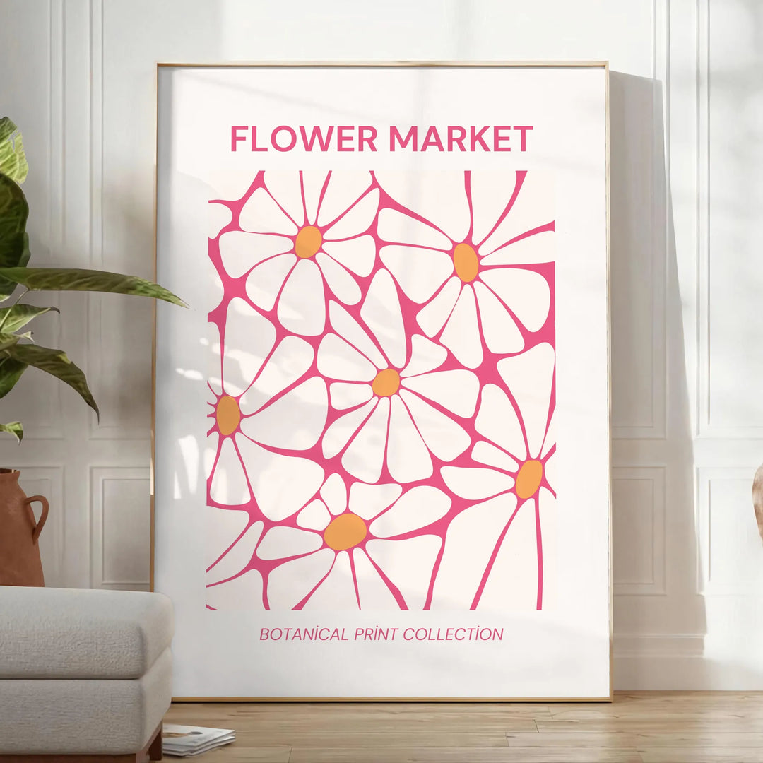Botanical illustration featuring green leaves and yellow flowers - in a bright minimalist room with a plant and an armchair
