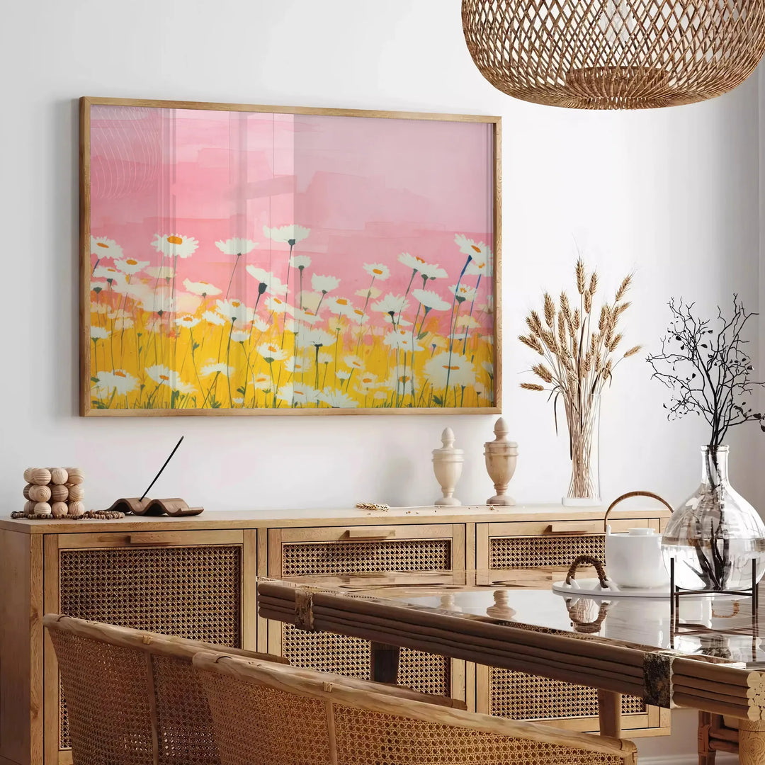 A botanical illustration featuring rich brown and yellow hues of various plants - in a Parisian living room with a sofa and a fig plant