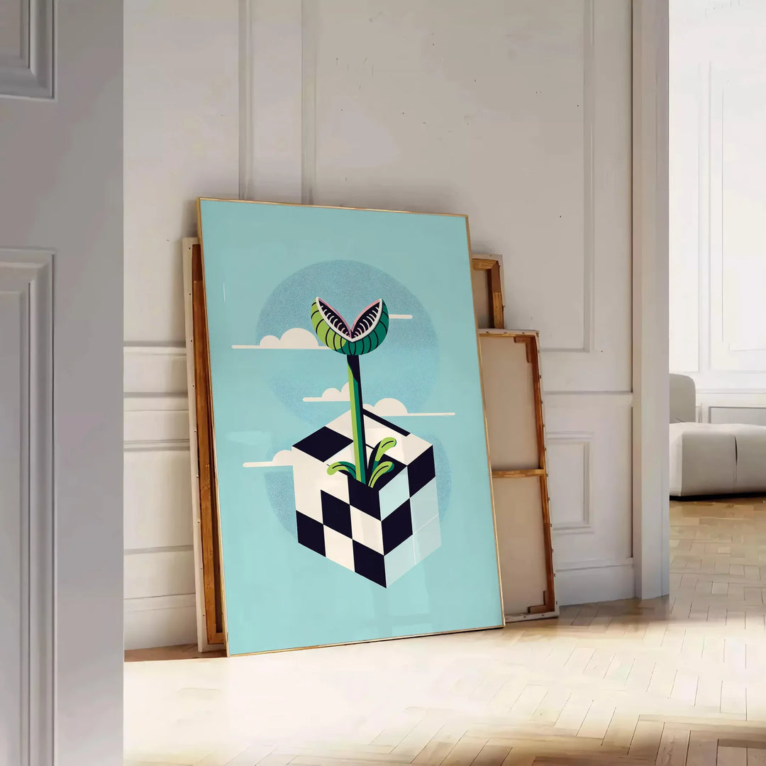 Ilustración de plantas carnívoras en un estilo botánico con tonos gris oscuro - apoyado en un suelo de espiga contra una pared de molduras